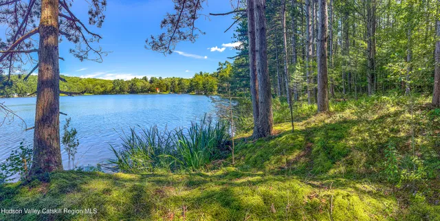 a view of a lake with a house in the background