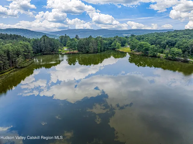a view of a lake with houses in the back