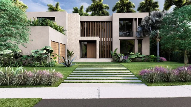 a front view of a house with a yard and potted plants