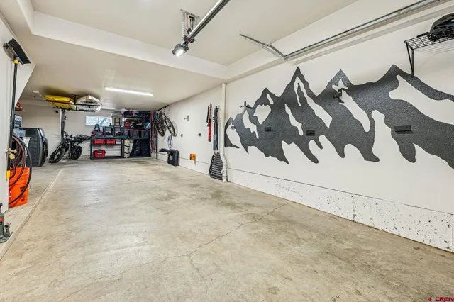 a view of a garage with storage