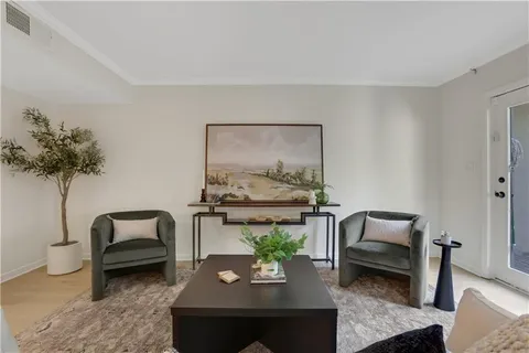 a living room with furniture and a potted plant