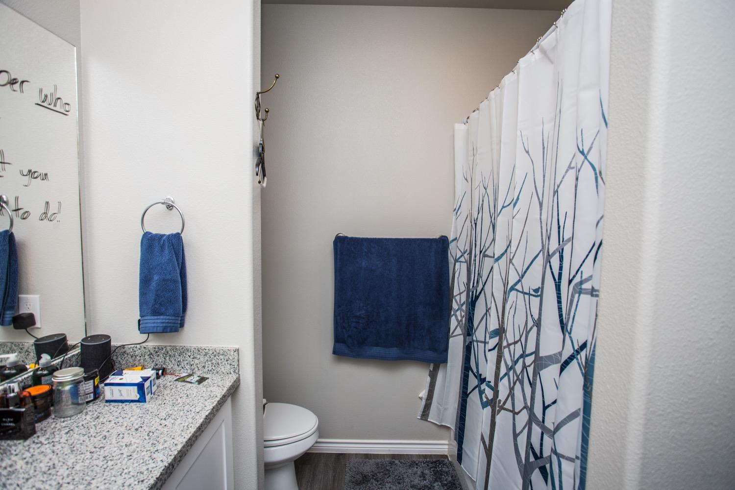 7004 10th Street Lubbock, TX 79416 - Photo 27 of 32 a bathroom with a granite countertop sink a toilet and shower curtain