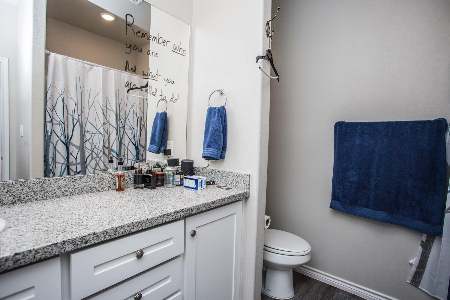 7004 10th Street Lubbock, TX 79416 - Photo 28 of 32 a bathroom with a granite countertop sink toilet and a mirror