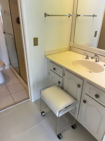 a bathroom with a tub sink vanity and a mirror