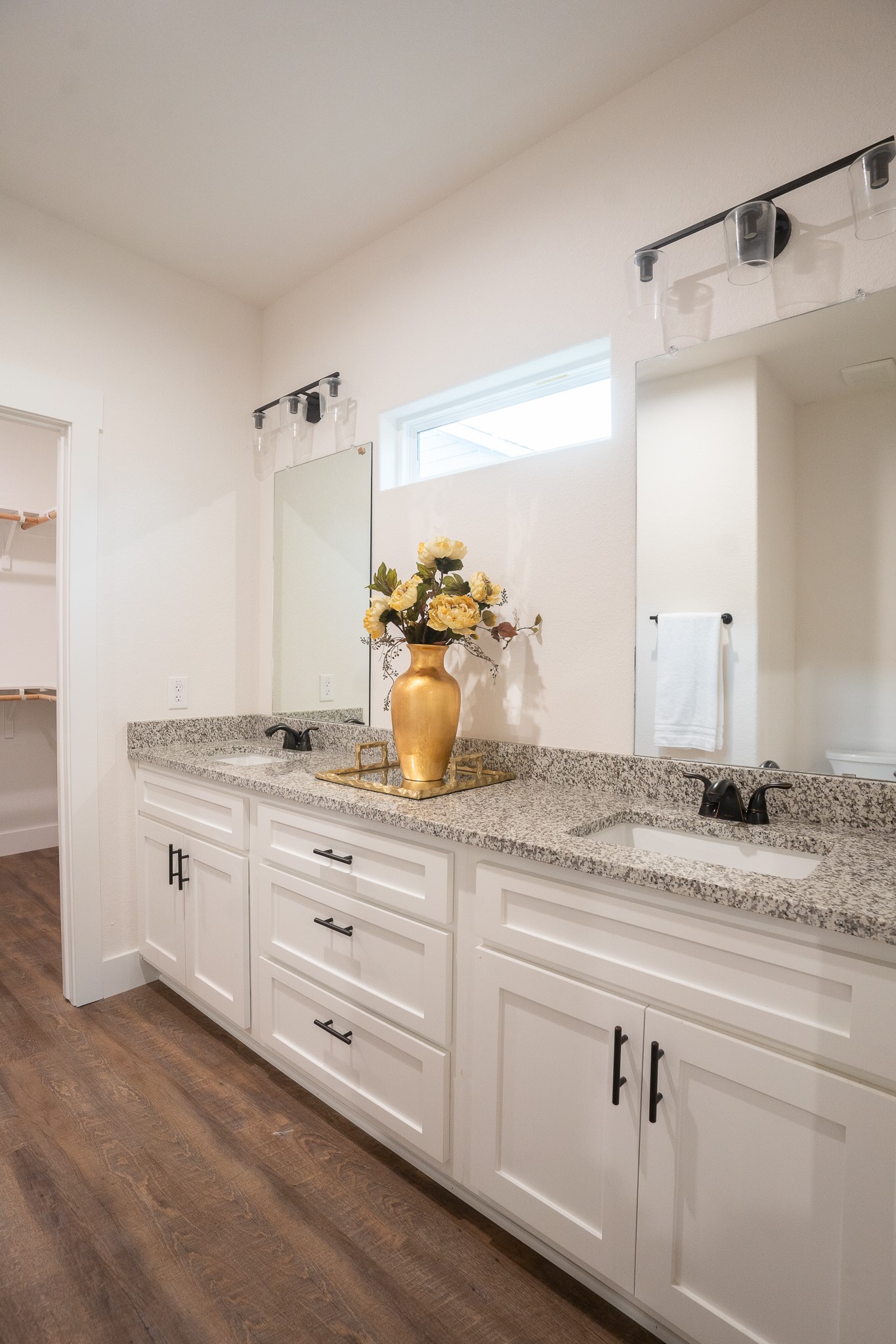 304 String Prairie Way Smithville, TX 78957 - Photo 21 of 30 Full bathroom with double vanity, wood finished floors, and a spacious closet
