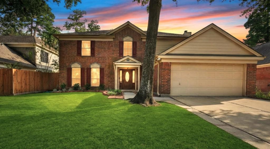 8815 Stoney Bend Drive Spring, TX 77379 - Photo 1 of 50 This charming two-story brick home features a well-maintained front yard with mature trees and a welcoming entrance. It includes a two-car garage and showcases a beautiful sunset backdrop. Ideal for families seeking a cozy and inviting residence.
