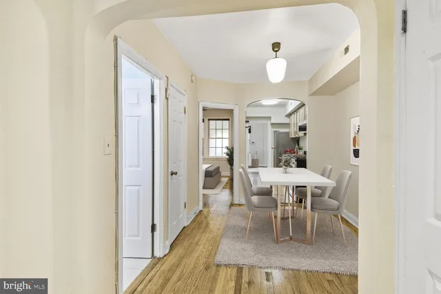 a view of a dining room with furniture