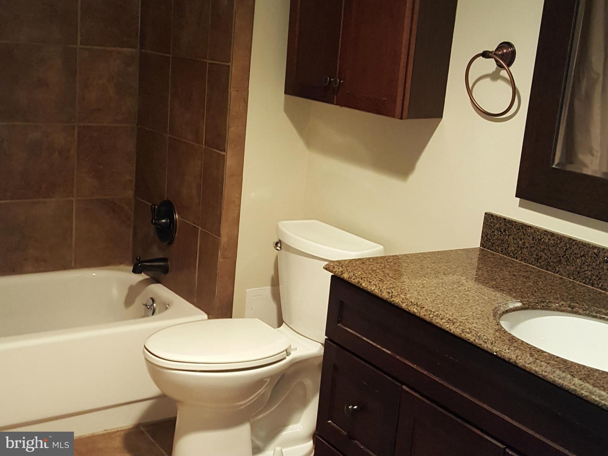 6101 Edsall Road, Unit 1506 Alexandria, VA 22304 - Photo 17 of 26 a bathroom with a granite countertop sink toilet mirror vanity and bathtub