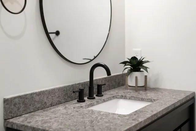 a view of a patio with couches plants and large trees