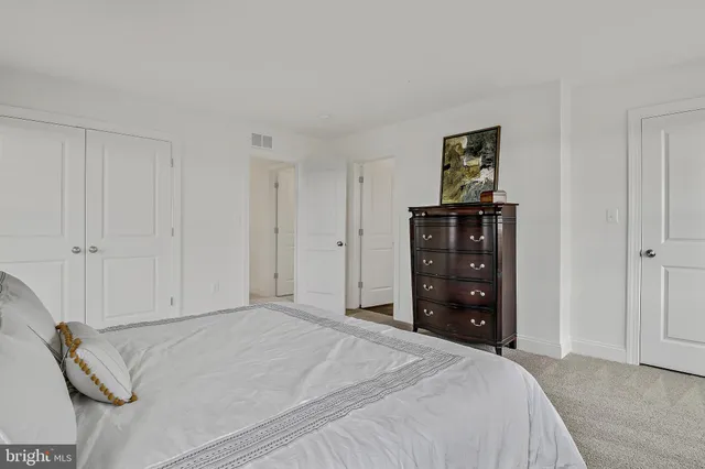 a bedroom with a bed and a closet