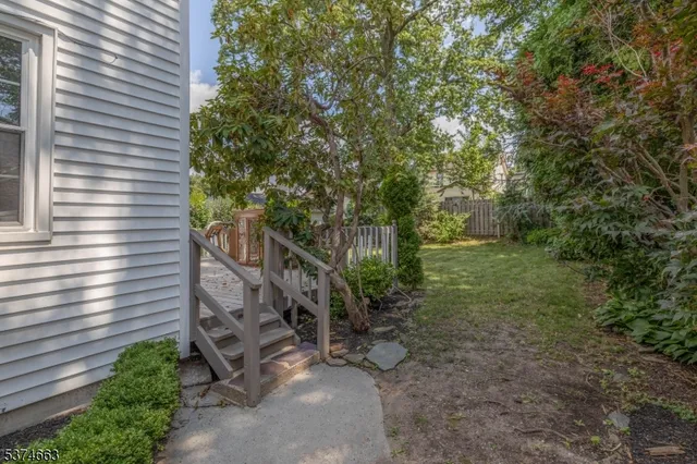 a view of a yard with plants and trees