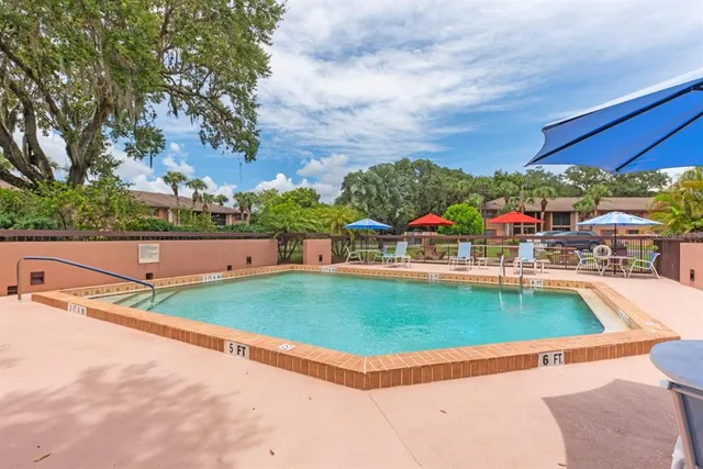 an outdoor view of a swimming pool