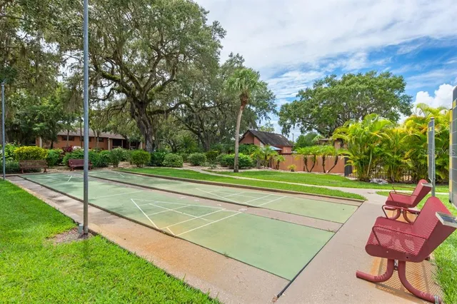 a view of a tennis ground with large trees