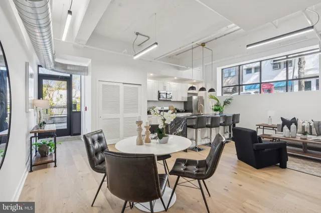 a view of a dining room with furniture and a potted plant