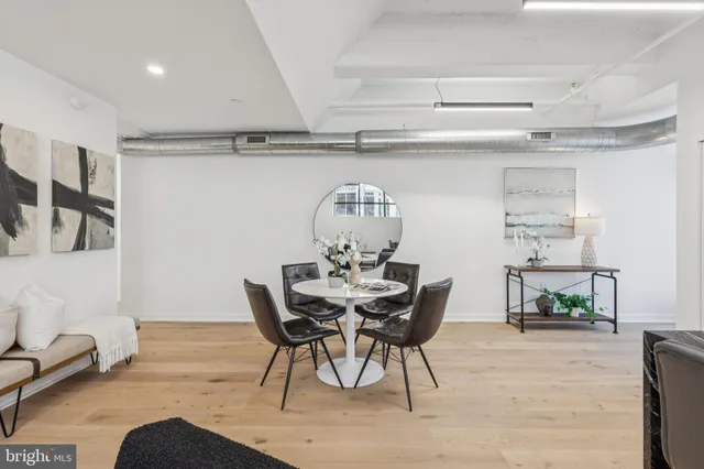 a view of a dining room with furniture