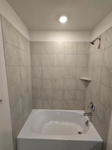 a bathroom with a bathtub