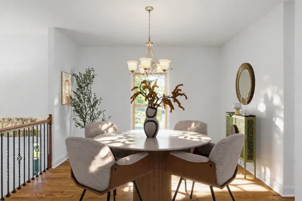 a dining room with furniture potted plants and wooden floor