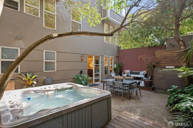 an outdoor space with furniture