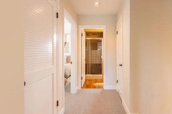 a view of a bathroom with a shower and closet