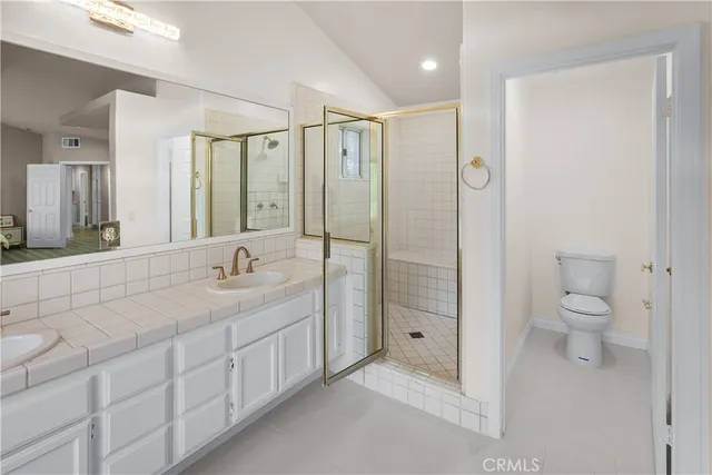 a bathroom with a double vanity sink toilet and shower