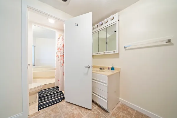 a storage room with cabinets