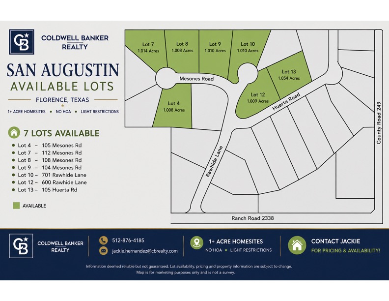 104 Mesones Road Florence, TX 76527 - Photo 2 of 4 A detailed layout highlighting the available one-acre homesites within this master-planned community.