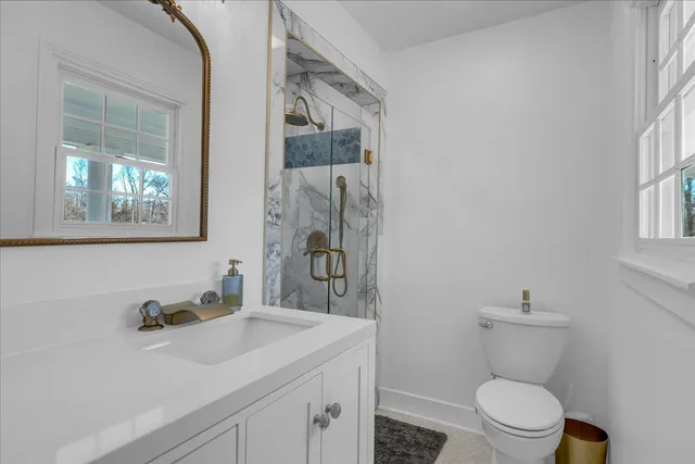 a view of a lake with couches in front of house