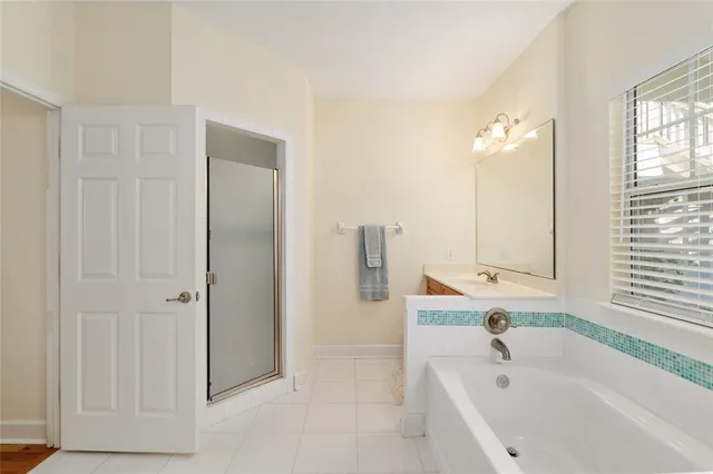 a view of a swimming pool with a garden and palm trees