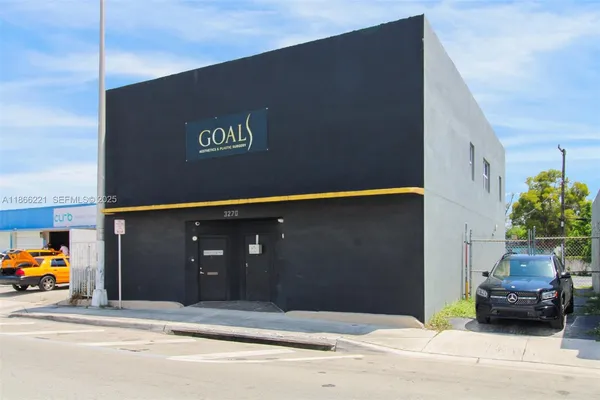 a black car parked in front of a building