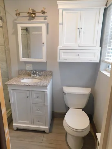 a bathroom with a toilet sink and mirror