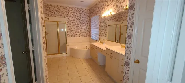 a bathroom with a tub sink vanity and a mirror