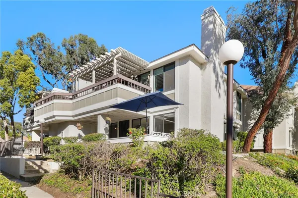 a aerial view of a house with a yard and potted plants