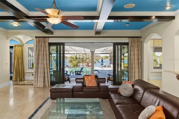 a view of a dining room with furniture window and outside view