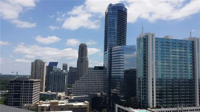 a city view with tall buildings