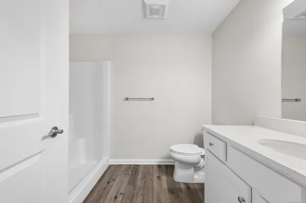 a bathroom with a sink a toilet and a shower