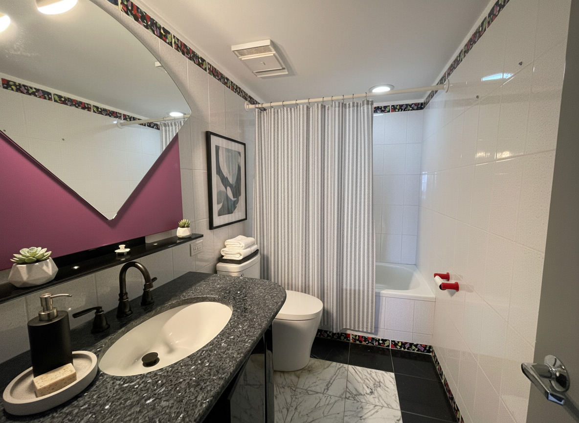 175 East Delaware Place, Unit 8604 Chicago, IL 60611 - Photo 18 of 28 a bathroom with a granite countertop sink a mirror and a shower