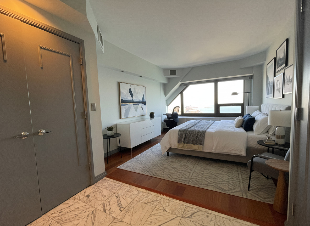 175 East Delaware Place, Unit 8604 Chicago, IL 60611 - Photo 19 of 28 a spacious bedroom with a bed and a window