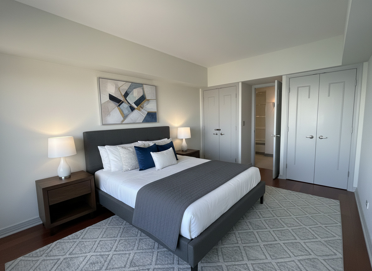 175 East Delaware Place, Unit 8604 Chicago, IL 60611 - Photo 24 of 28 a bedroom with a bed and a painting on the wall