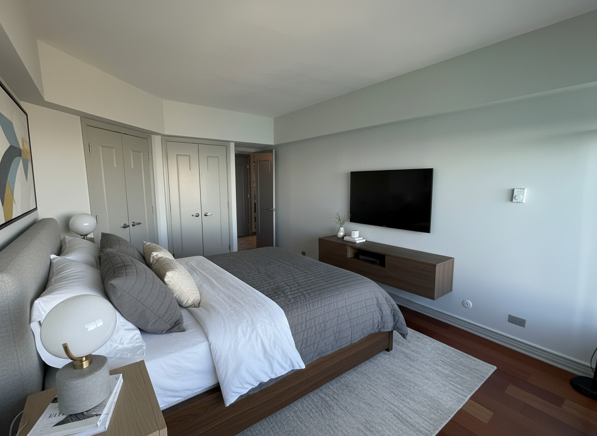 175 East Delaware Place, Unit 8604 Chicago, IL 60611 - Photo 25 of 28 a bedroom with bed and flat screen tv