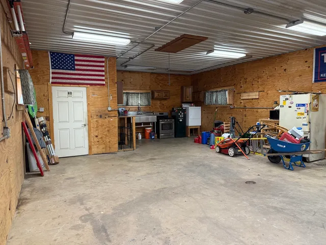 a view of a garage with furniture