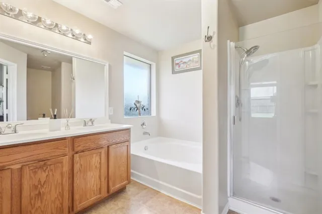 a bathroom with a tub a double vanity sink and mirror