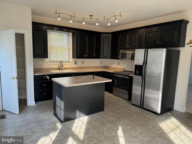 a kitchen with a sink a stove a refrigerator and black cabinets