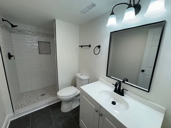 a bathroom with a sink a toilet and shower
