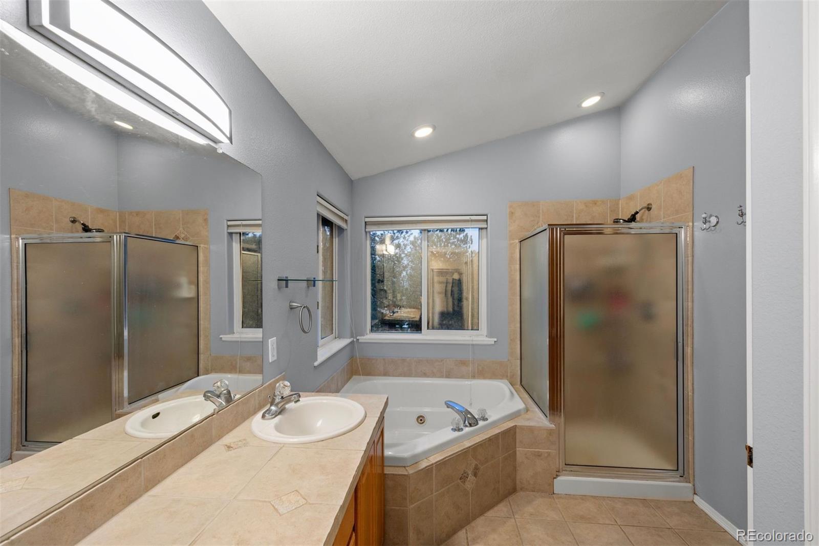 3154 South Piney Ridge Road Evergreen, CO 80439 - Photo 25 of 49 a bathroom with a tub shower sink and mirror