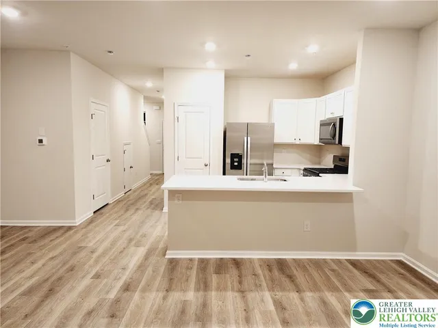 a kitchen with a refrigerator and a sink