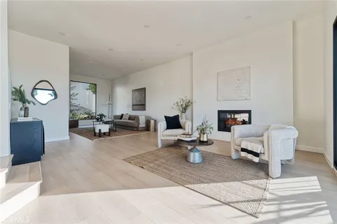 a living room with furniture a fireplace and potted plants