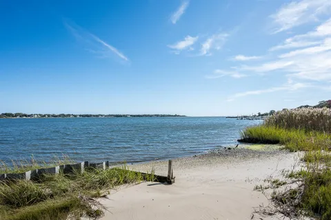 a view of a lake with a garden