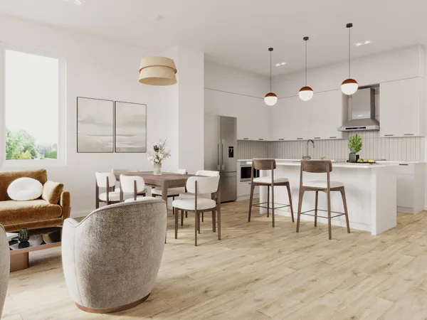 a living room with stainless steel appliances kitchen island granite countertop furniture and a large window