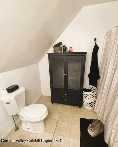 a bathroom with a toilet and a mirror