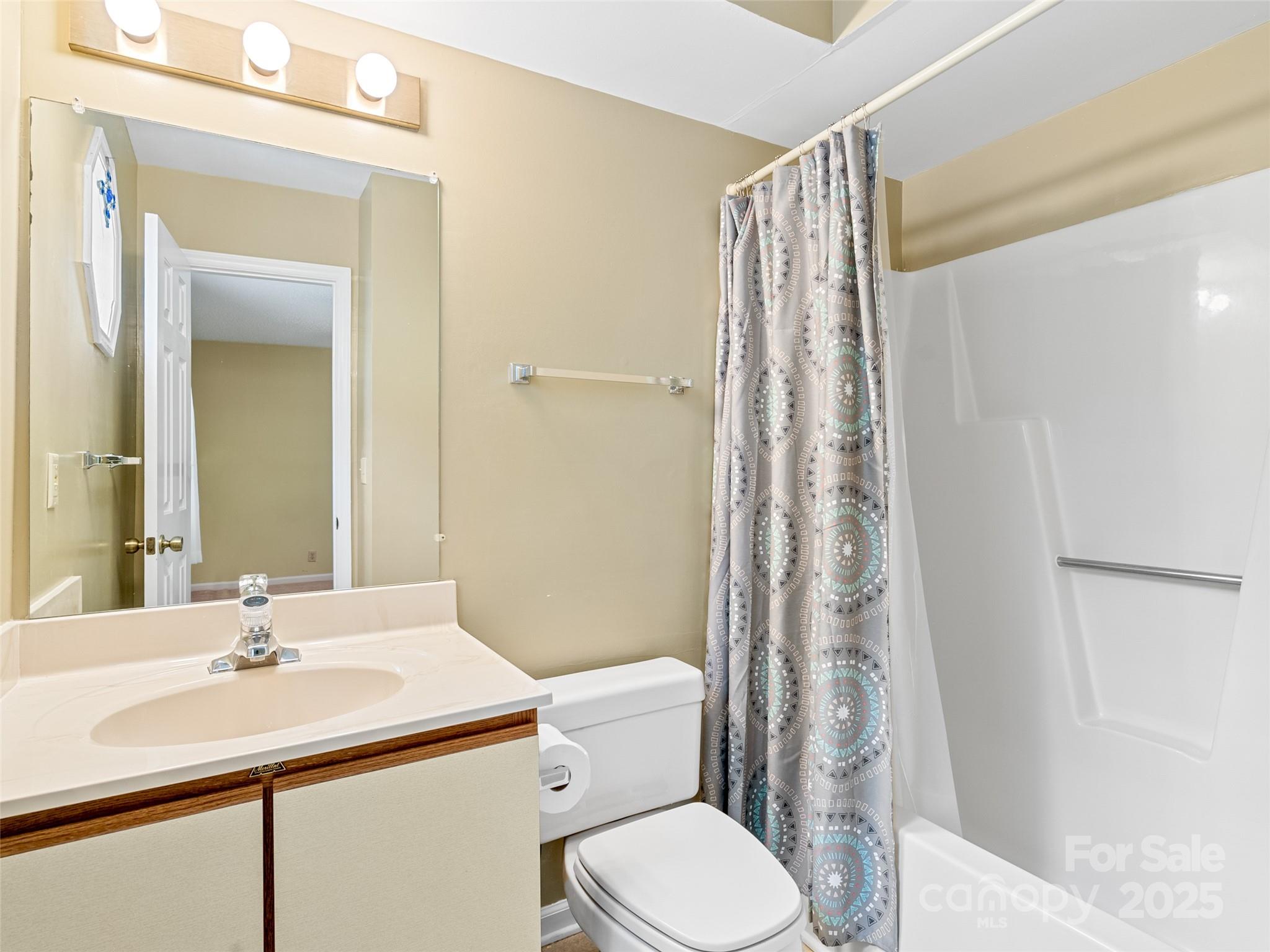 110 Heywood Road, Unit 17C Arden, NC 28704 - Photo 14 of 26 a bathroom with a sink a toilet a mirror and shower curtain